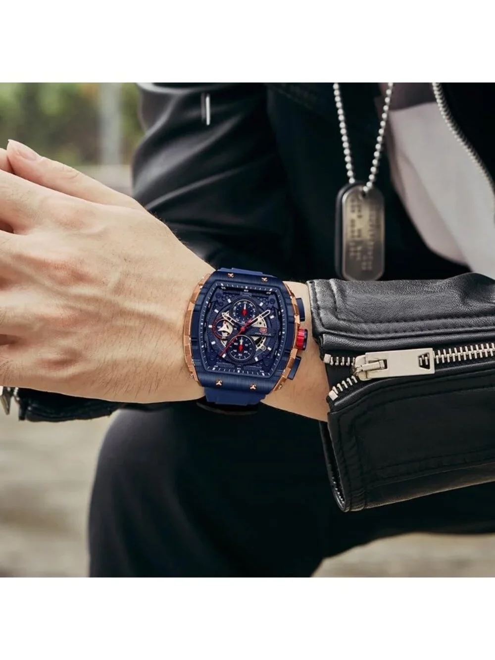 Men's Blue Silicon Strap Quartz Chronograph Waterproof Luminous Tonneau Watch